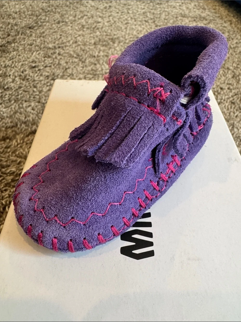 Minnetonka Purple Moccasin Baby Booties with Pink Stitching